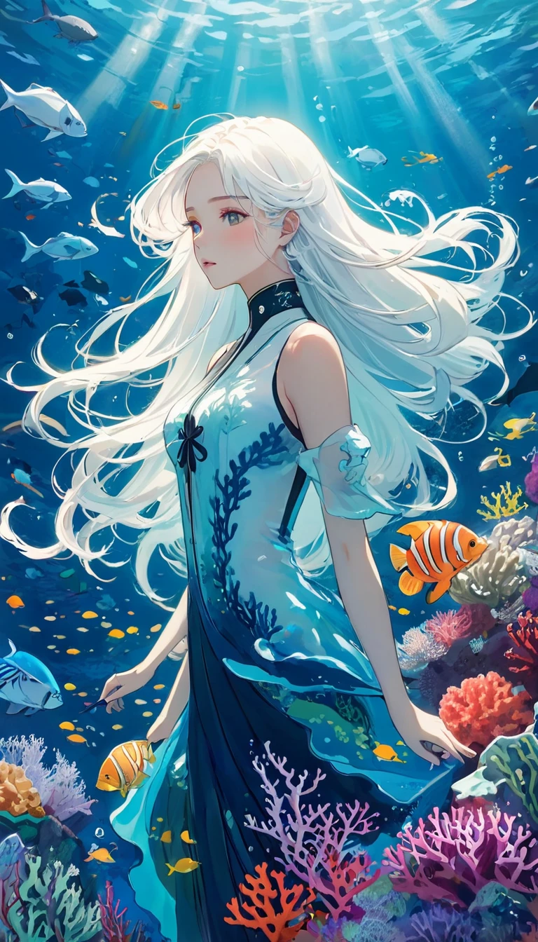 Marine Lifeの概念芸術、Undersea scenery、Marine Life、Beautiful coral reefs come in many forms、3d、fish、Women Animated Fantasy Illustration。Long white hair scattered in the sea、drifting、Very harmonious。The whole picture is、It features a messy and imaginative painting style.。The colors are bright and saturated.、Drawn with smooth lines。The mystery and beauty of the sea、The painting depicts an underwater world full of life and vitality.、Animation Art Wallpaper 8K