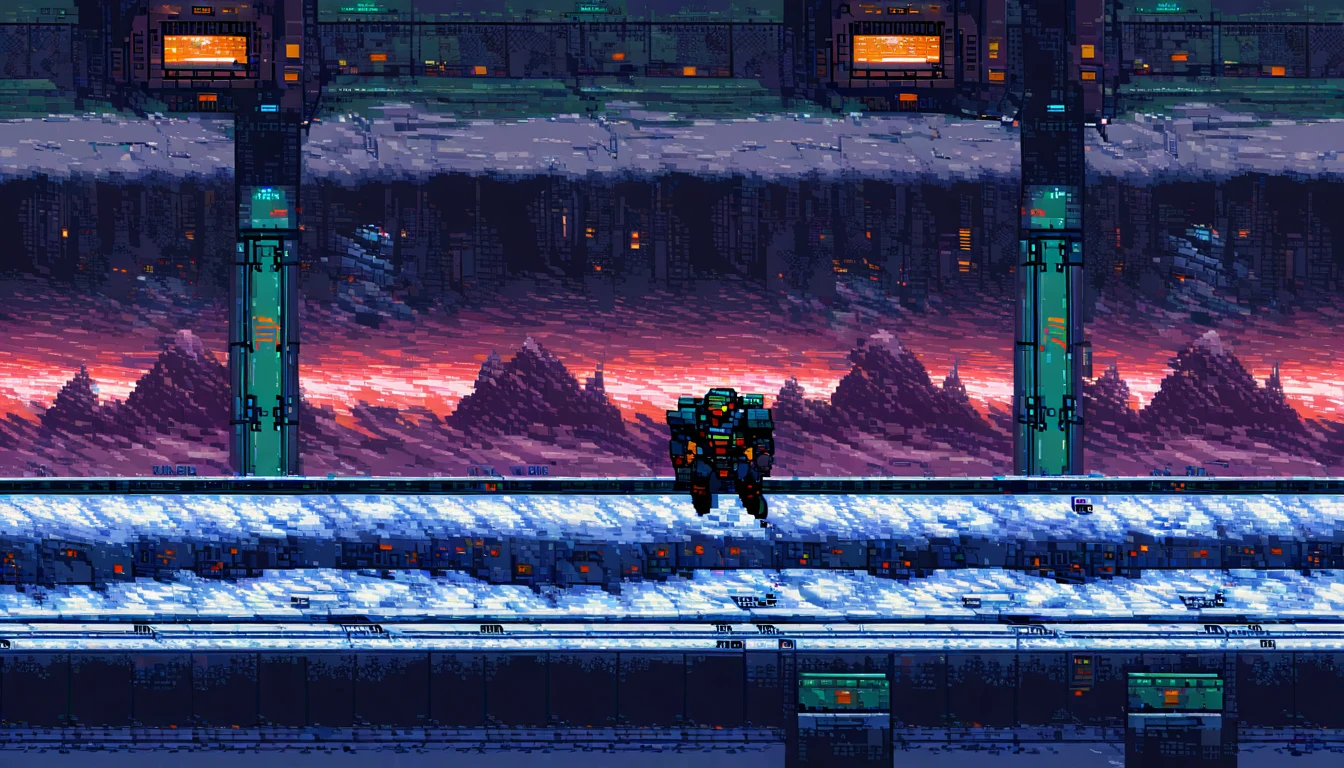 aircraft in scene, metroidvania, robot, close-up, cyberpunk, sidescroller, (work of art, best qualityer:1.2), pixel art,terrestrial space, futuristic snow scenery