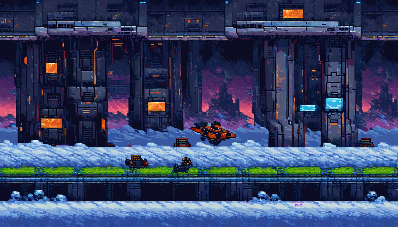 aircraft in scene, metroidvania, robot, close-up, cyberpunk, sidescroller, (work of art, best qualityer:1.2), pixel art,terrestrial space, futuristic snow scenery