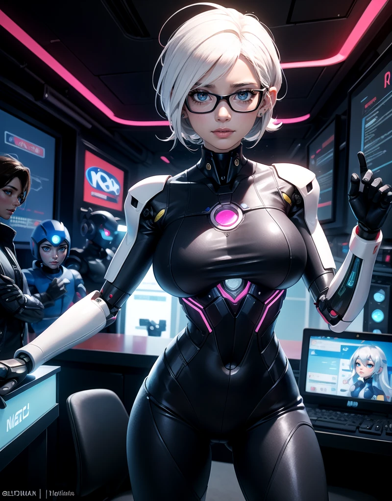 A beautiful 1woman in a cybernetic costume,retrofuturist,big tits,yoga posture ,cana,neon lights,The Future of Robotic Costumes,White hair,White hair, Quantum robot mascara,megaman mask ,robot face cables and screws