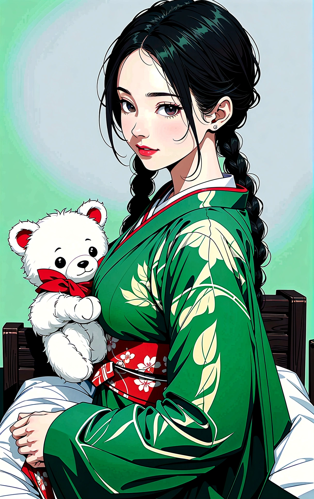 (​masterpiece, best quality), (Ultra high resolution, 8K-RAW-Foto, photorealistic, Textile shading, thin contour), araffe mature woman in a kimono, sitting on a bed and hugging a teddy bear, (wears dark green silk robes), Dark green hemp, (wear a Japanese kimono:1.2, traditional Japanese, japanese clothes), (noble yukata clothing), wear a haori, (mature woman, milf:1.5, 28 years old, alone), (largee Brust, sagging breast, large , Slender waist, large ass, curvy bodies), (medium length hair, Hair over one eye, asymmetric hair, low tied braid), (Smart students, detailled eyes, highly detail face), Eye candy, (sad smile), (looking down:1.3), (dynamic angle, from above), (correct anatomy:1.5, Right Hands), (ideal ratio of body proportions),