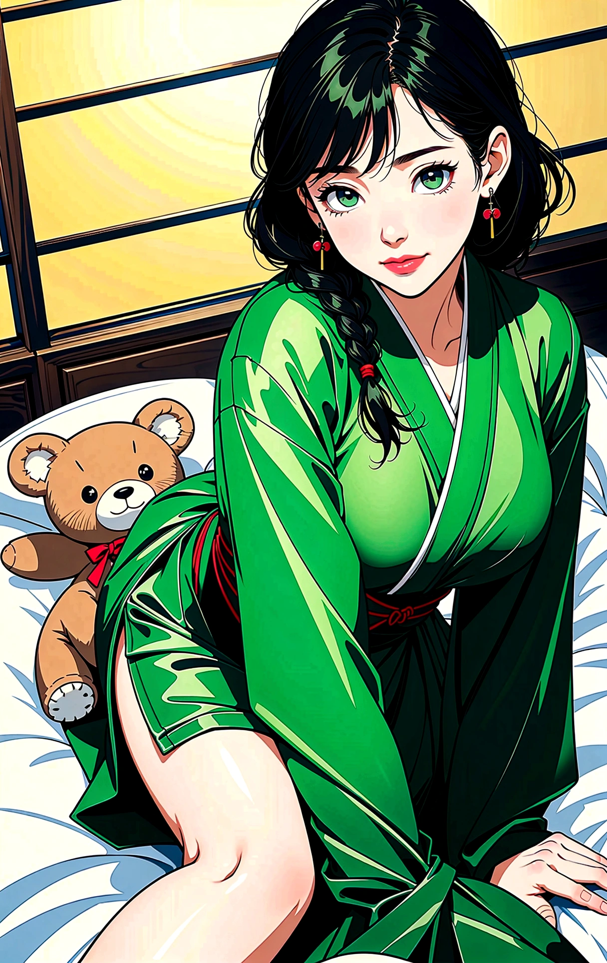 (​masterpiece, best quality), (Ultra high resolution, 8K-RAW-Foto, photorealistic, Textile shading, thin contour), araffe mature woman in a kimono, sitting on a bed and hugging a teddy bear, (wears dark green silk robes), Dark green hemp, (wear a Japanese kimono:1.2, traditional Japanese, japanese clothes), (noble yukata clothing), wear a haori, (mature woman, milf:1.5, 28 years old, alone), (largee , sagging , large , Slender waist, large , curvy bodies), (medium length hair, Hair over one eye, asymmetric hair, low tied braid), (Smart students, detailled eyes, highly detail face), Eye candy, (sad smile), (looking down:1.3), (dynamic angle, from above), (correct :1.5, Right Hands), (ideal ratio of body proportions),