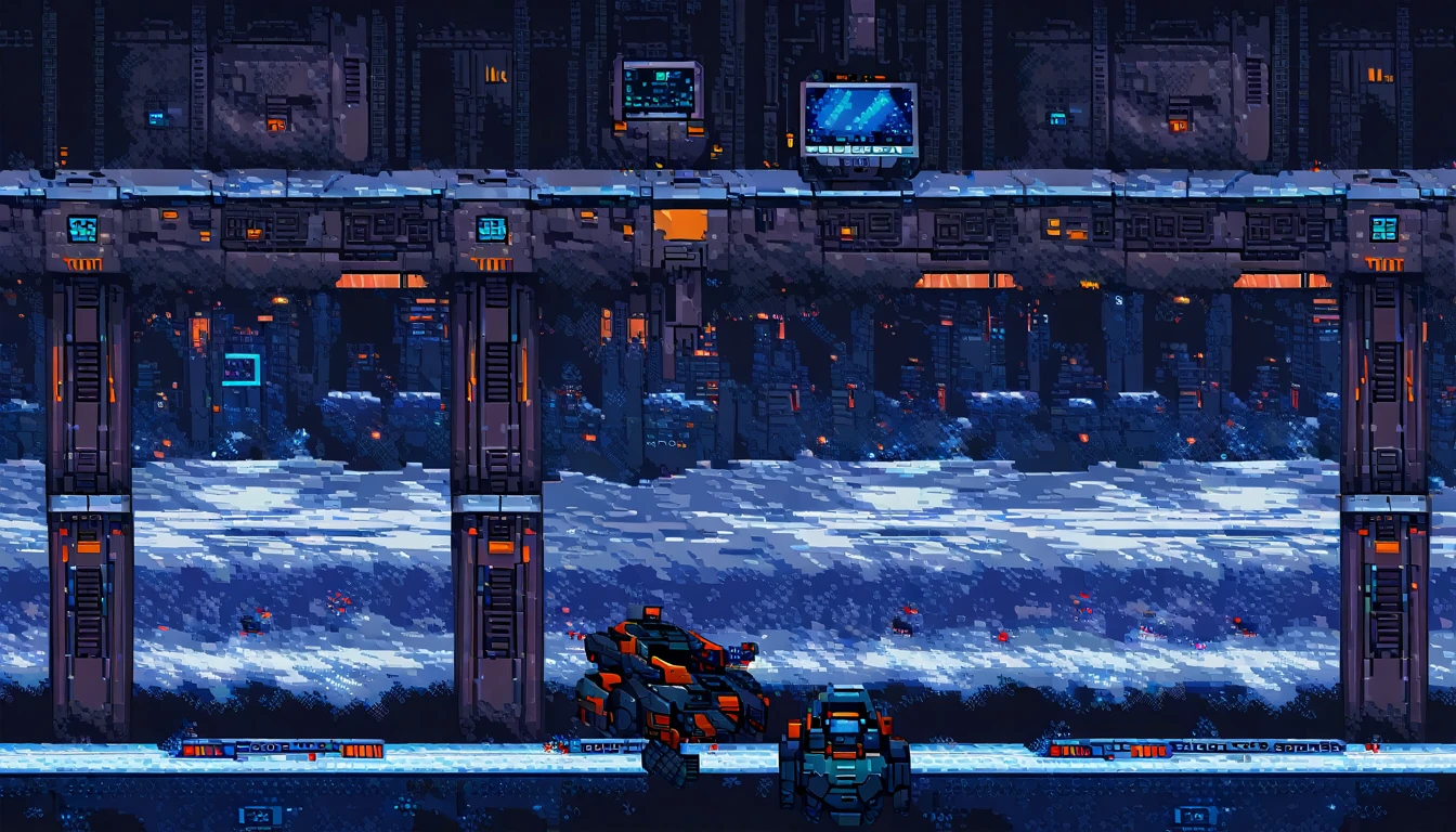 aircraft in scene, metroidvania, robot, close-up, cyberpunk, sidescroller, (work of art, best qualityer:1.2), pixel art,terrestrial space, futuristic snow scenery