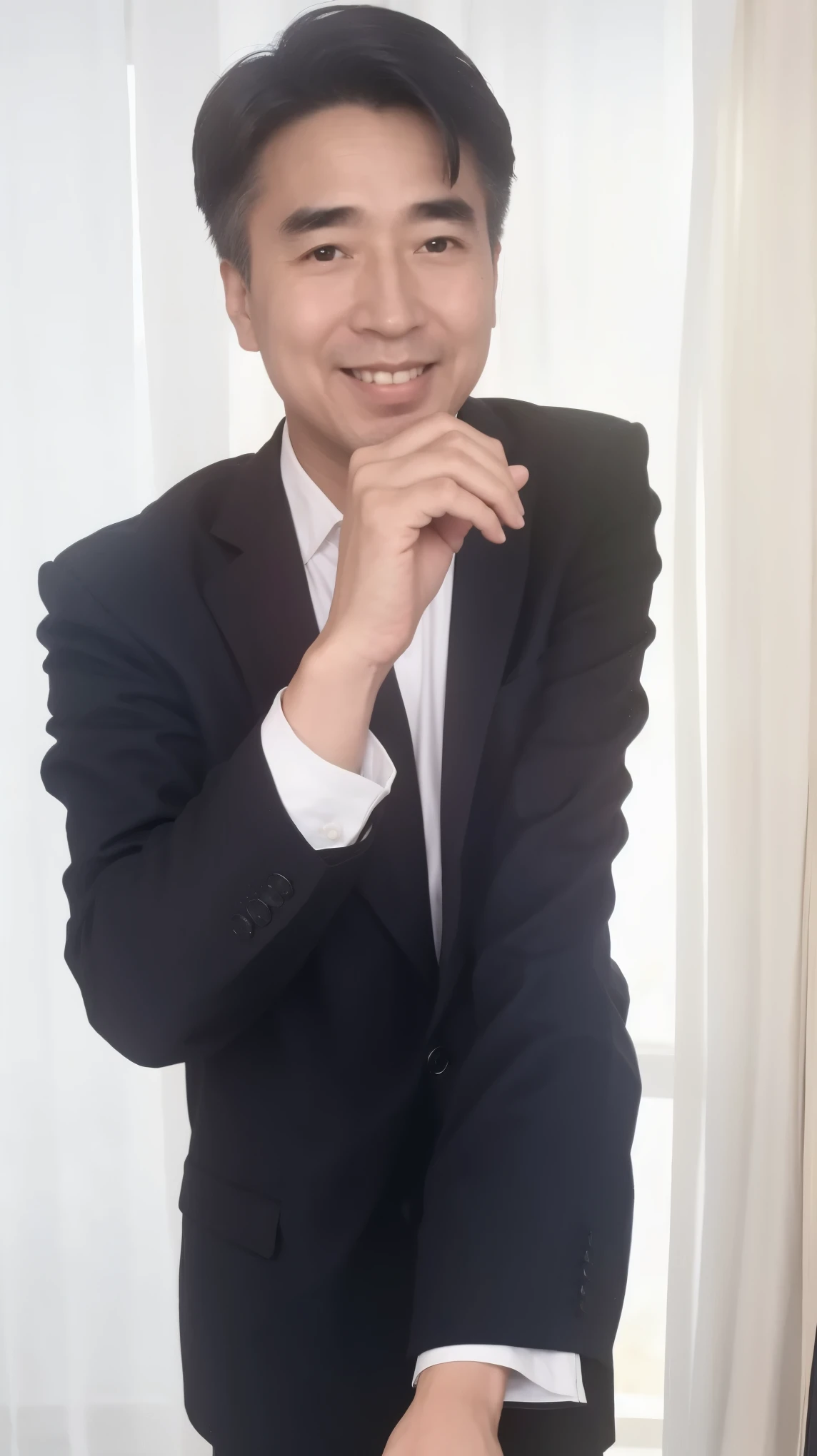 40-year-old male， Soft headlight，High-density imaging，（Clean and delicate face），((Black suit))，((Various dynamic poses))，((((Half-length photo))))，((Smile))，((White curtains in the background))，best quality，masterpiece，（Soft colors：1.2）