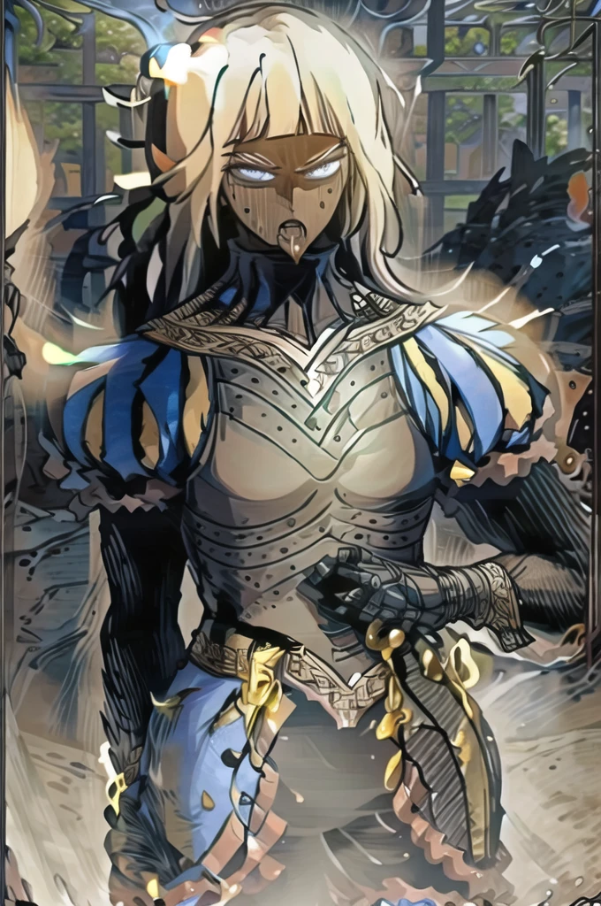 ophelia , solo, 1girl, long hair, white hair, armor, dark skin, blunt bangs, dark-skinned female, blonde hair, gloves, blue eyes, breastplate, puffy sleeves,standing,serious face,expresionless,angry eyes,looking at viewer,(open mouth),(tongue out),(saliva:1.4),saliva drip,(uvula),maw,(oral invitation),(portrait),masterpiece,extremely detailed CG unity 8k wallpaper, best quality,32k,focus sharp, Messy_art,