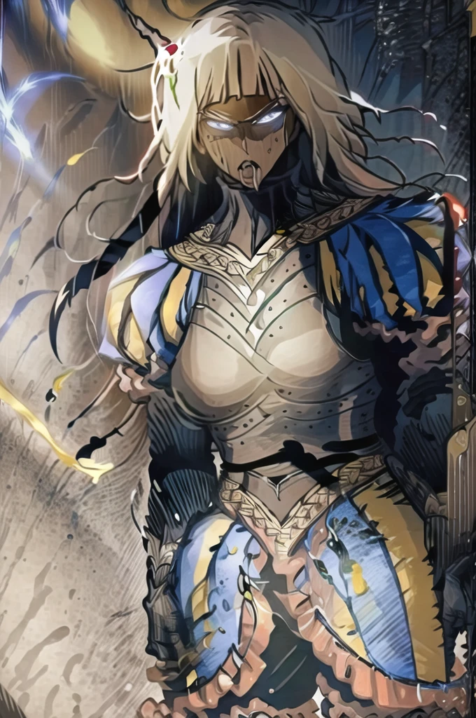 ophelia , solo, 1girl, long hair, white hair, armor, dark skin, blunt bangs, dark-skinned female, blonde hair, gloves, blue eyes, breastplate, puffy sleeves,standing,serious face,expresionless,angry eyes,looking at viewer,(open mouth),(tongue out),(saliva:1.4),saliva drip,(uvula),maw,(oral invitation),(portrait),masterpiece,extremely detailed CG unity 8k wallpaper, best quality,32k,focus sharp, Messy_art,