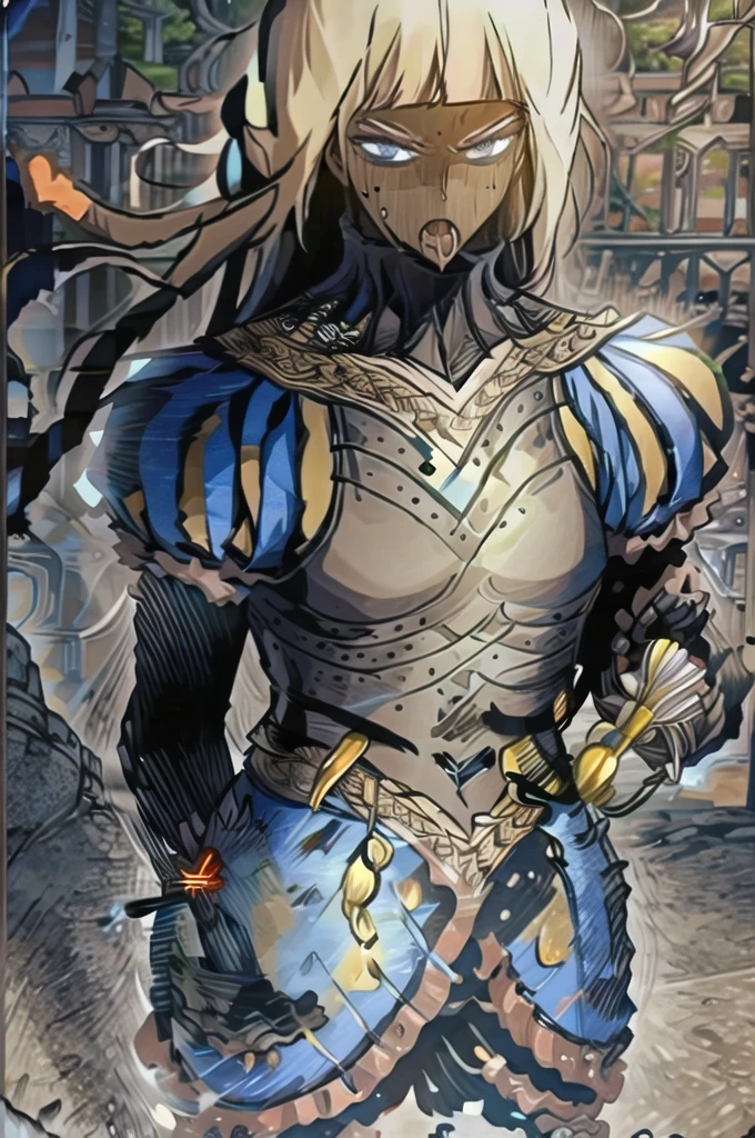 ophelia , solo, 1girl, long hair, white hair, armor, dark skin, blunt bangs, dark-skinned female, blonde hair, gloves, blue eyes, breastplate, puffy sleeves,standing,serious face,expresionless,angry eyes,looking at viewer,(open mouth),(tongue out),(saliva:1.4),saliva drip,(uvula),maw,(oral invitation),(portrait),masterpiece,extremely detailed CG unity 8k wallpaper, best quality,32k,focus sharp, Messy_art,