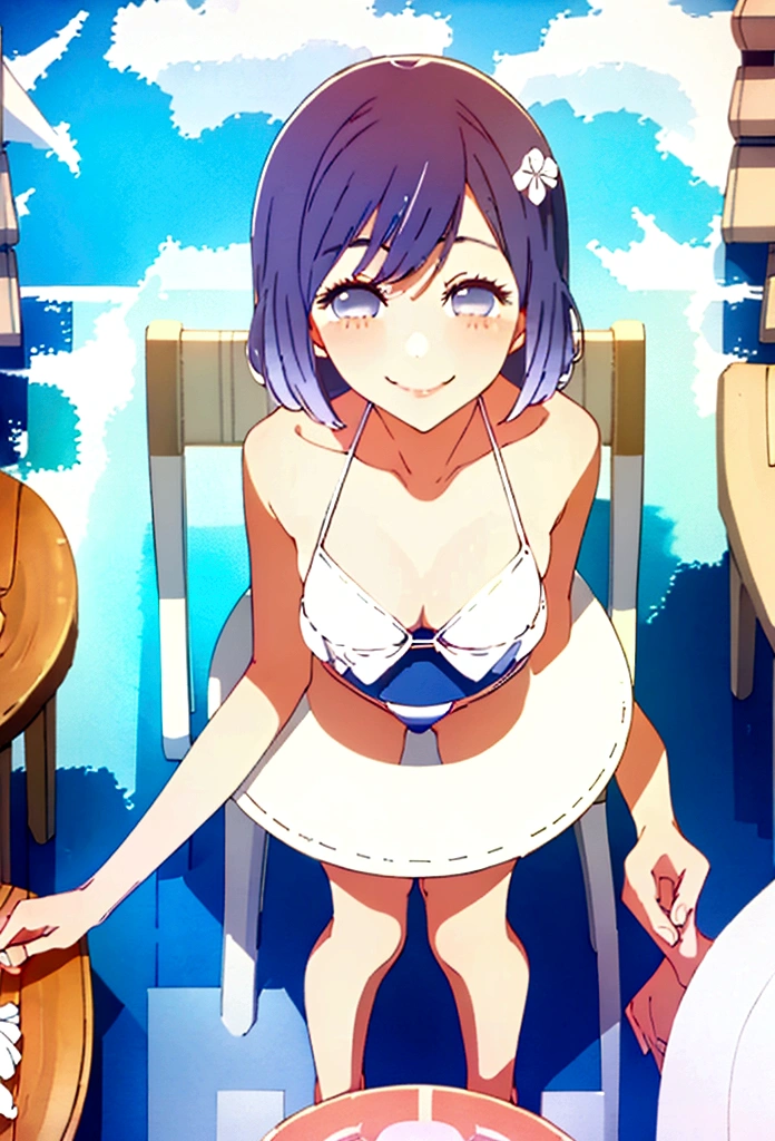 (Highest quality:1.4、8k:1.4,detailed),F cup bust、Big Breasts、Slim and beautiful arms、Slim body、Very white beautiful skin、((((1 person、smile、Swimwear、smile、sit、Chair、In the background are the urban buildings of Tokyo、Outdoor café terrace、coastal、Navy hair color、juice、table、She is wearing a white side-string high-leg bikini、Touching the chest、Shot from slightly above、Looking up、Very cute face))))、looking at the camera、Very beautiful face、Very blue sky、A completely cloudless sky、She tilted her head slightly、The atmosphere is bright and lively、The woman is at the center of the image。