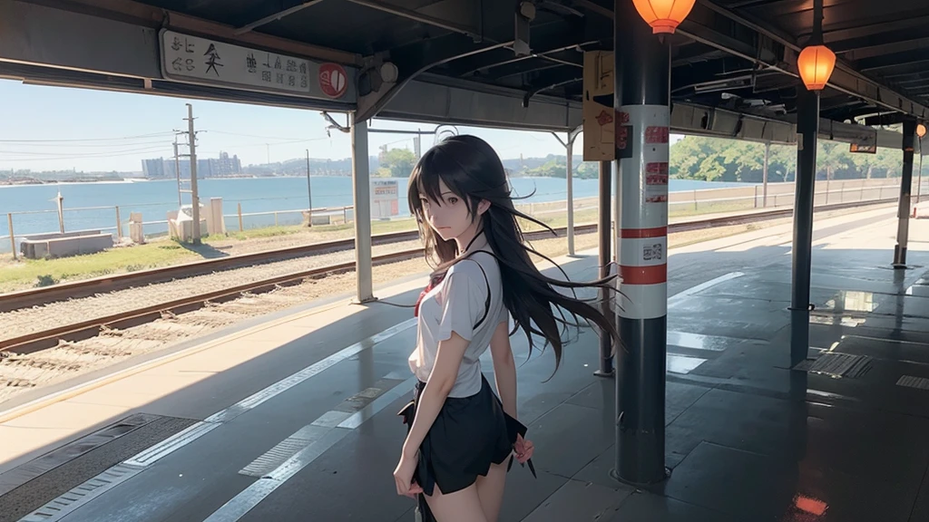 Long haired anime girl walking on train platform, Kantai Collection Style, Railgun, konpeki no kantai, Kantai Collection Arcade, Kantai Collection, Makoto Shinkai style, Cute girl anime visuals, Makoto Shinkai's art style, Beautiful anime school girl, Anime Style 4k, Official artwork, shinkai makoto