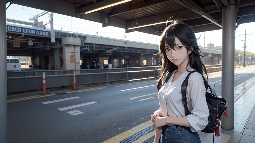 Long haired anime girl walking on train platform, Kantai Collection Style, Railgun, konpeki no kantai, Kantai Collection Arcade, Kantai Collection, Makoto Shinkai style, Cute girl anime visuals, Makoto Shinkai's art style, Beautiful anime school girl, Anime Style 4k, Official artwork, shinkai makoto