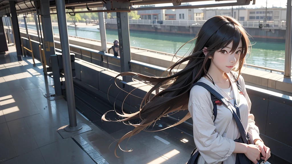Long haired anime girl walking on train platform, Kantai Collection Style, Railgun, konpeki no kantai, Kantai Collection Arcade, Kantai Collection, Makoto Shinkai style, Cute girl anime visuals, Makoto Shinkai's art style, Beautiful anime school girl, Anime Style 4k, Official artwork, shinkai makoto