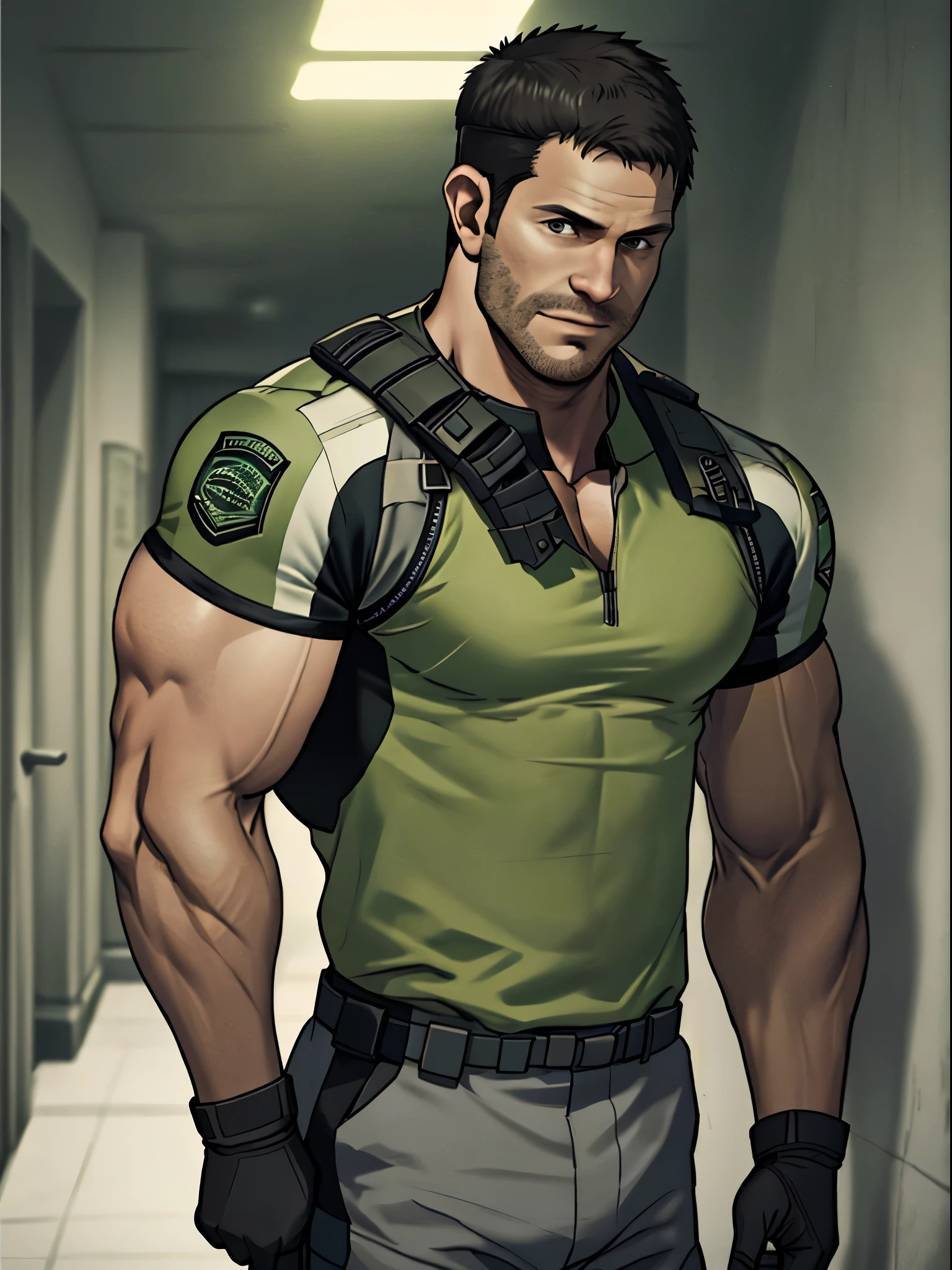 1 man, solo, 35 year old, Chris Redfield, wearing green T shirt, smirks, white color on the shoulder and a bsaa logo on the shoulder, millitary tactical suit, tall and hunk, biceps, abs, chest, best quality, masterpiece, high resolution:1.2, upper body shot, dark black gloomy hallway in the background, detailed face, shadow, volumetric lighting, center focus, low camera angle
