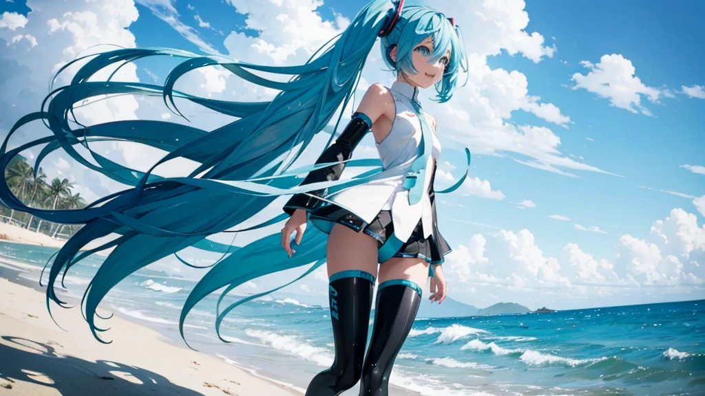 On the beach where the sun sets、An image of Hatsune Miku walking with her clear blue hair flowing。She is dressed in futuristic clothing.、Sing freely、Laughing。