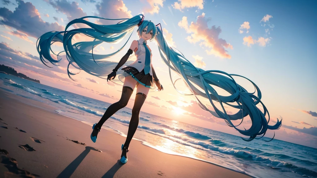 On the beach where the sun sets、An image of Hatsune Miku walking with her clear blue hair flowing。She is dressed in futuristic clothing.、Sing freely、Laughing。