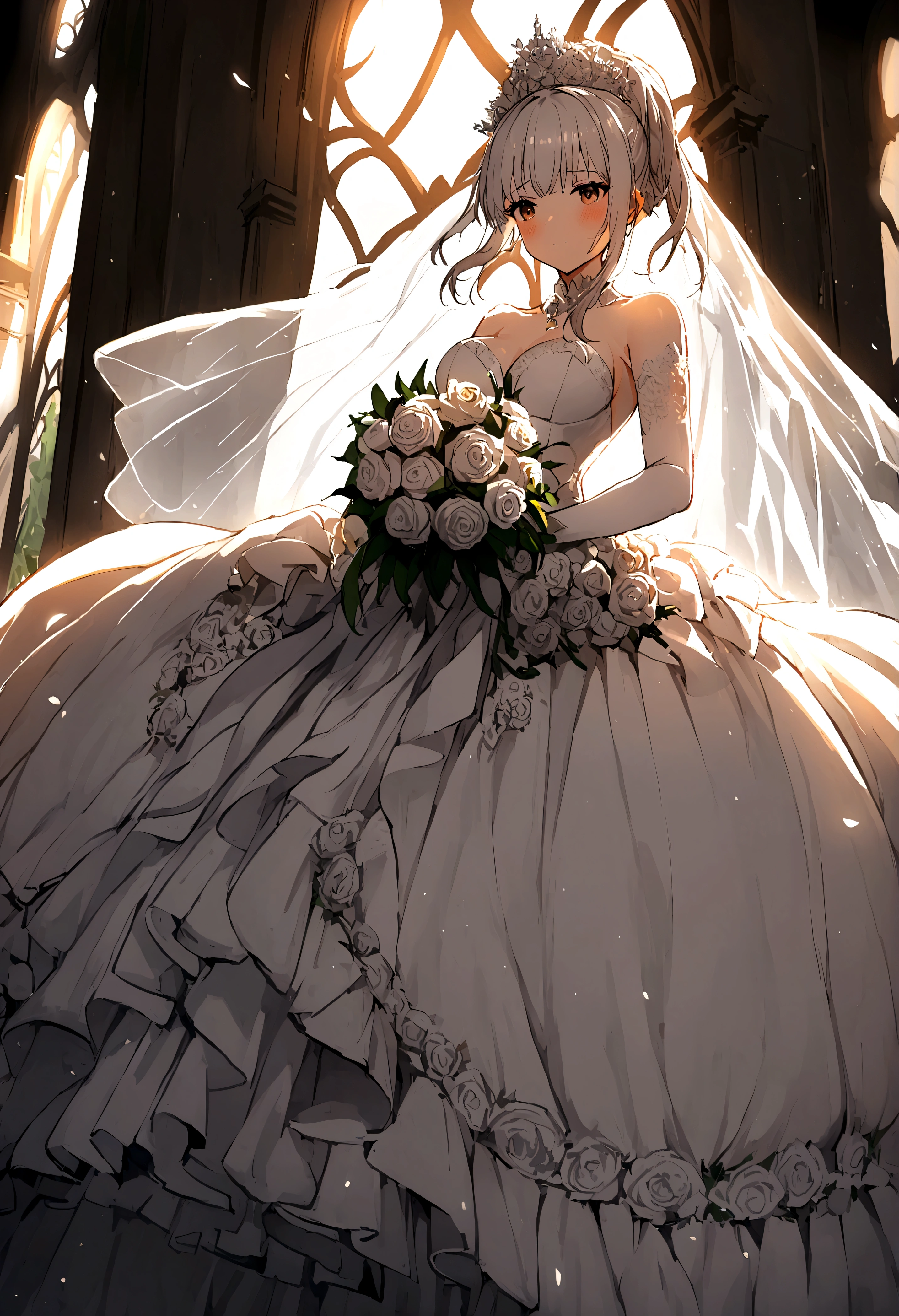 1 girl，Kasugano Sora，wedding pantyhose，wedding dress，white gray hair， double ponytail，bridal bouquet，wedding veil