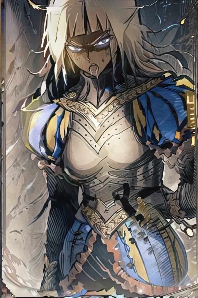 ophelia , solo, 1girl, long hair, white hair, armor, dark skin, blunt bangs, dark-skinned female, blonde hair, gloves, blue eyes, breastplate, puffy sleeves,standing,serious face,expresionless,angry eyes,looking at viewer,(open mouth),(tongue out),(saliva:1.4),saliva drip,(uvula),maw,(oral invitation),(portrait),masterpiece,extremely detailed CG unity 8k wallpaper, best quality,32k,focus sharp, Messy_art,