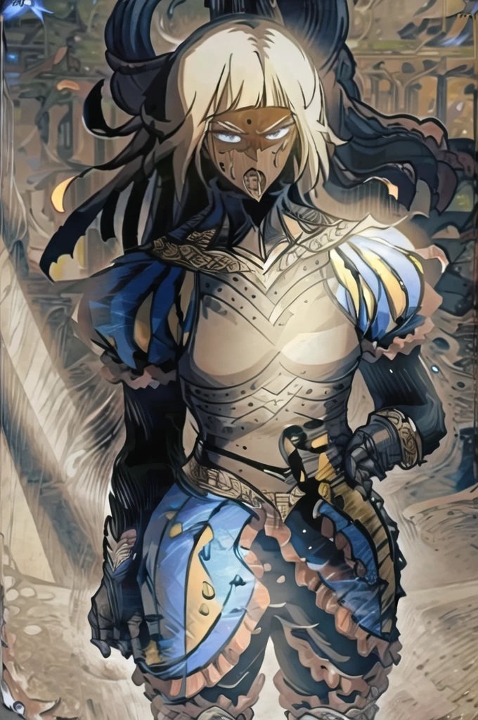 ophelia , solo, 1girl, long hair, white hair, armor, dark skin, blunt bangs, dark-skinned female, blonde hair, gloves, blue eyes, breastplate, puffy sleeves,standing,serious face,expresionless,angry eyes,looking at viewer,(open mouth),(tongue out),(saliva:1.4),saliva drip,(uvula),maw,(oral invitation),(portrait),masterpiece,extremely detailed CG unity 8k wallpaper, best quality,32k,focus sharp, Messy_art,
