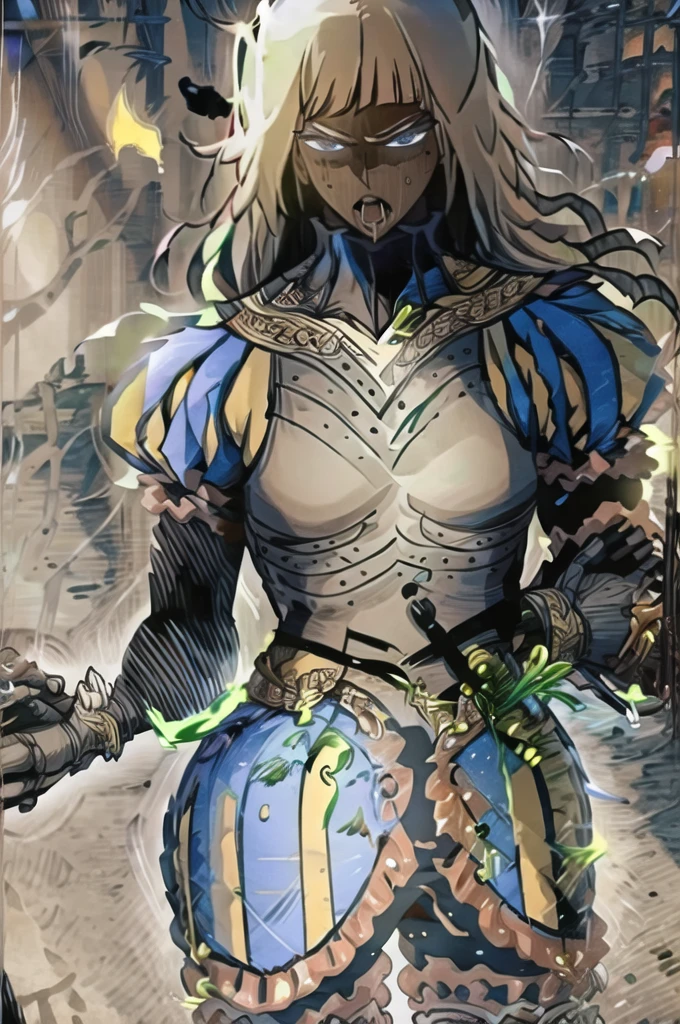 ophelia , solo, 1girl, long hair, white hair, armor, dark skin, blunt bangs, dark-skinned female, blonde hair, gloves, blue eyes, breastplate, puffy sleeves,standing,serious face,expresionless,angry eyes,looking at viewer,(open mouth),(tongue out),(saliva:1.4),saliva drip,(uvula),maw,(oral invitation),(portrait),masterpiece,extremely detailed CG unity 8k wallpaper, best quality,32k,focus sharp, Messy_art,