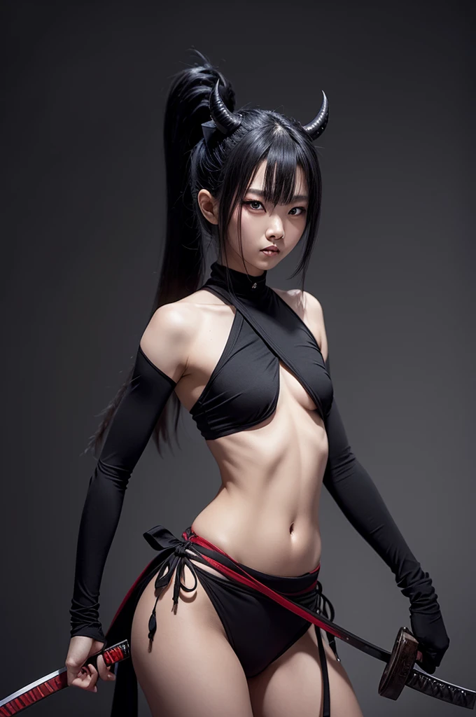 Make a not-so-ugly skinny oni holding a katana with a black background