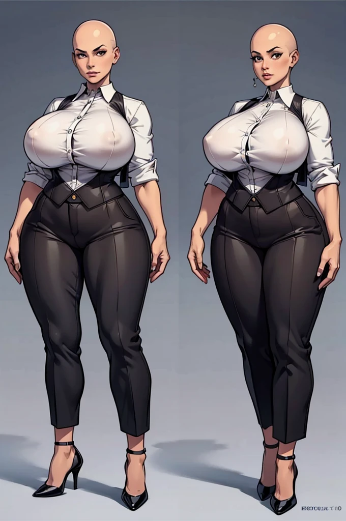 digital art, highly detailed, reference sheet, standing pose, feminine features, mature woman, adult female, whole body, bald, busty, form-fitting, open neckline, vest, office shirt, pants, heeled shoes, 1woman, solo, upper body, lower body, ((Extremely Detailed)), ((Best Quality)), ((Masterpiece)), ((4k))
