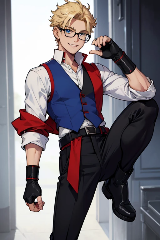 male, blue eyes, blonde hair, (((1boy))), (((red vest))), (white shirt with sleeves rolled up), (black pants), (black boots), (black belt), (glasses), (black fingerless gloves), long legs, trimmed goatee, slender, smiling