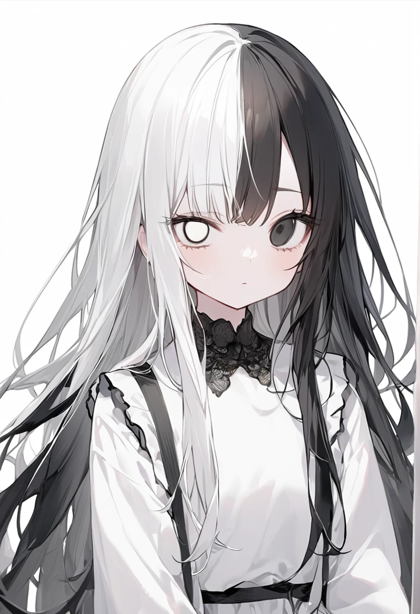 Black and White、Girl、Black and white hair、Black and white mixed、Black and white mixed髪の毛、Half Black、Half white、Long Hair、Odd Eye、Odd Eye 左目が白色 右目が黒色、Left eye is white、Left eye is white、Right eye is black、Right eye is black、全体的に黒と白が混ざったGirl、Black and WhiteのGirl、White background、白と黒のGirl、White Room、黒色と白色のGirl、emotionless、Calm、Lots of black、A lot of black、Lots of black髪の毛、一人のGirl、1 Girl、1 Girl、Mostly black、Put highlights in the eyes、There are highlights on the eyes