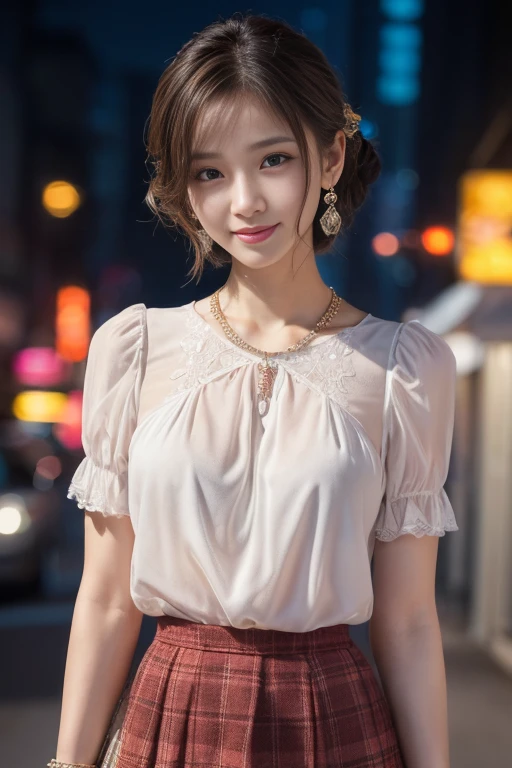 8k, masterpiece, RAW photo, best quality, photorealistic, extremely detailed CG unity 8k wallpaper, Depth of field, Cinematic Light, Lens Flare, Ray tracing, (extremely beautiful face, beautiful lips, beautiful eyes), intricate detail face, ((ultra detailed skin)) 1girl, in the dark, deep shadow, pretty korean girl, kpop idol,(very slim slender fit-muscled body:1.3), ((looking at viewer)),(big smile:1.3), (night, (neon sign), (blurry background), midnight, (without people in the background:1.3), pretty korean girl, white diamond earrings, bracelets, necklace, clear eyes, walking , front shot, (pale skin), face forward, (big eyes), full body shot, ((see through blouse)), (hot pink color blouse)), ((laced skirt)), (looking at viewer:1.3), very slim, medium breasts, Hermes bag, plaid mini skirt, updo hair, short hair