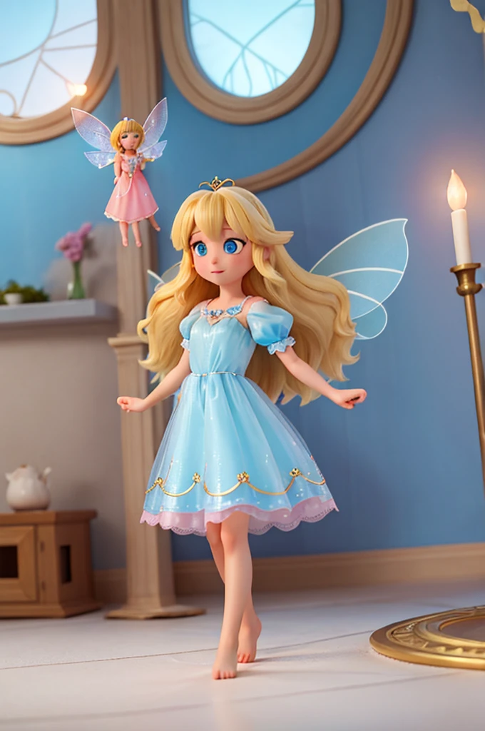 a with long golden hair, sparkling blue eyes in a light blue nightgown.
she is holding hands with a fairy with transparent fairy wings, blonde hair and pink dress