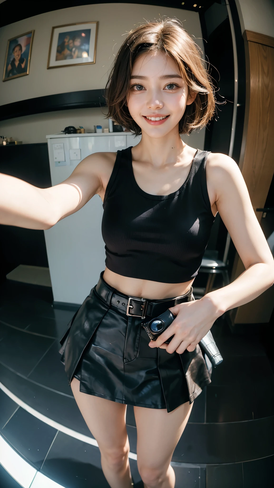 Highest quality, masterpiece, Ultra-high resolution,8K, (Realistic:1.6), (Face-to-face selfie portrait) ,((On top of a tall tower))、RAW Photos, 1 Girl,(Full of smiles, Showing teeth)), 22 years old,((Korean Idol,Tank top)),((Miniskirt uniform and undershorts)),((Straight black very short hair)),((Looking up at the audience)),Face Focus:1.4,((Selfie taken with a fisheye lens:1.4)),((High Attractions Top Background)), Image Media Chest)),((Smiling with teeth showing)),