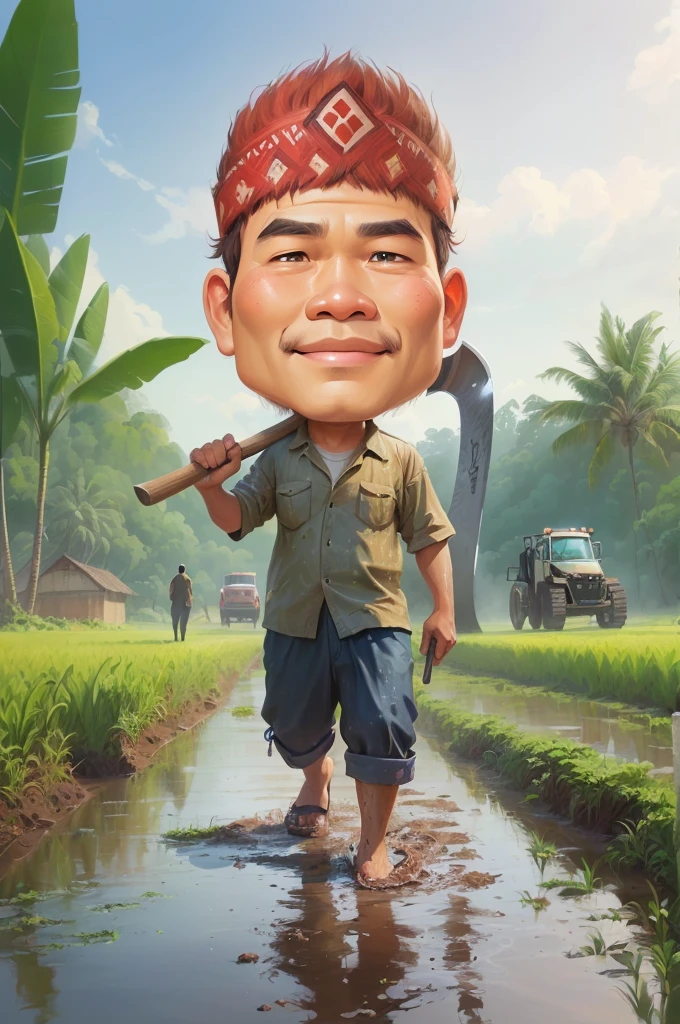 cartoon man walking through a muddy field with a large axe, The head wears a typical Javanese headgear blangkon, caricature illustration, farmer, Indonesian farmer, caricature style, cartoon portrait, cartoon digital painting, caricature, official illustration, cartoon digital art, in cartoon style, inspired by Rudy Siswanto, inspired by I Ketut Soki, potrait, digital cartoon painting art, digital art cartoon, cartoon artstyle