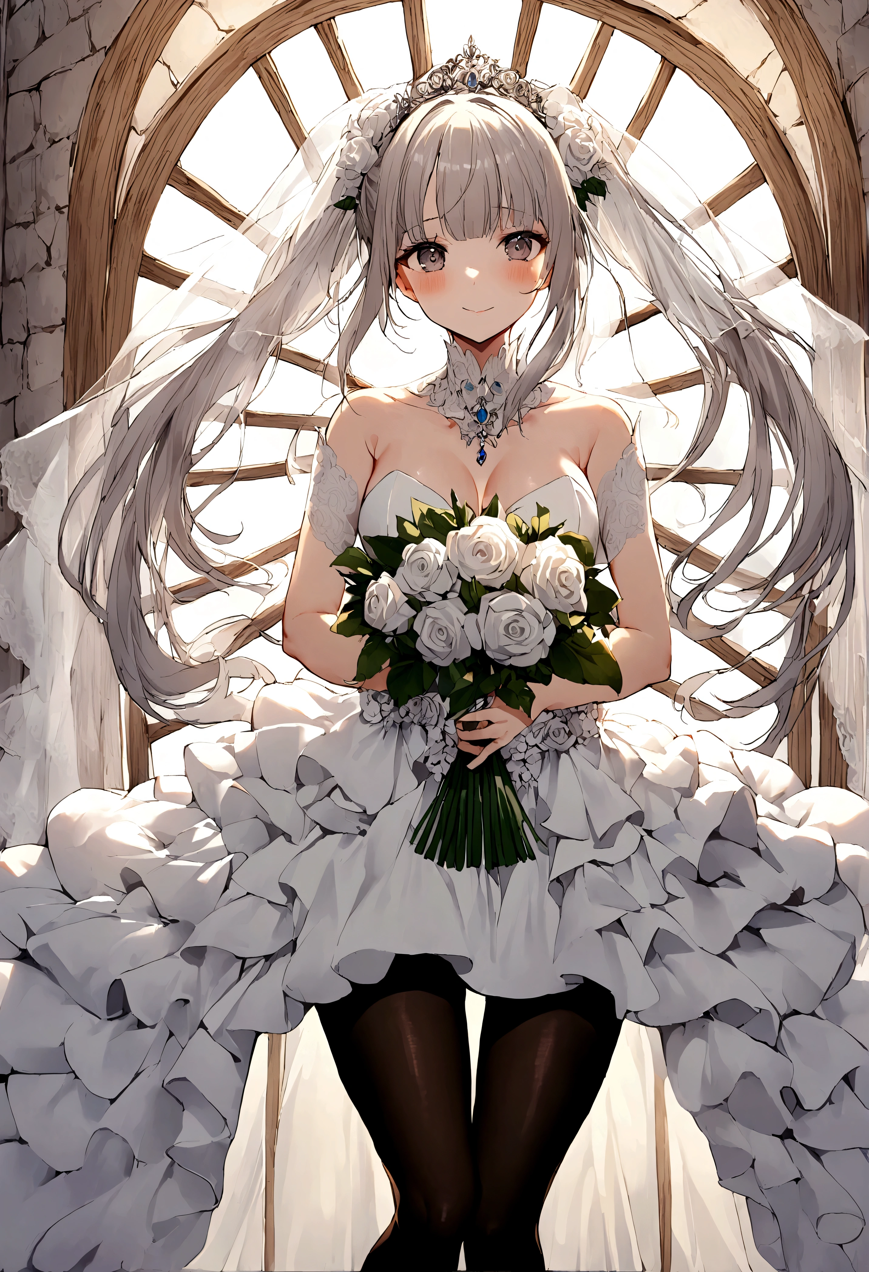 1 girl,Kasugano Sora,wedding pantyhose,wedding dress,white gray hair,long double ponytail,bridal bouquet,wedding veil