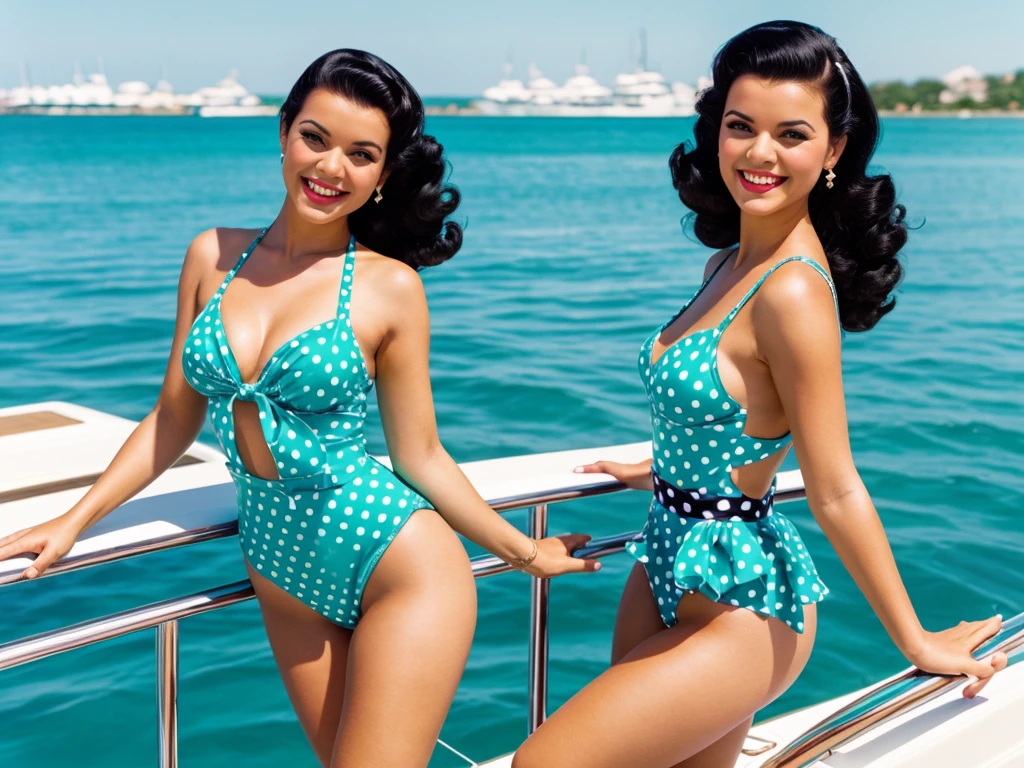 35mm film photography, Joyful, smiling black hair pinup woman posing beautifully smiling on a yacht clear weather summer sky blue bright sun in hands cocktail retro style pinup green swimsuit closed with polka dots dancing pinup poses 