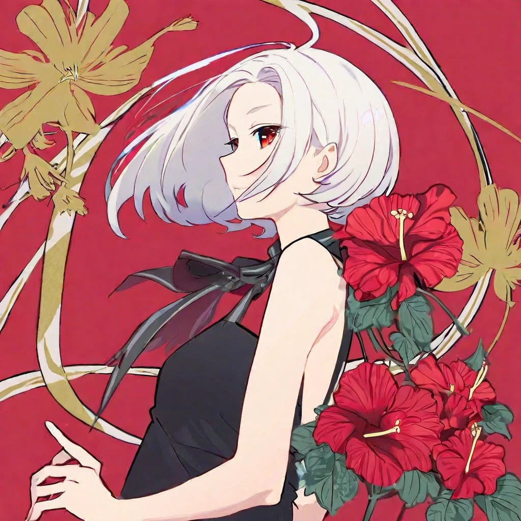 avogado6, 1girl, bangs, camellia, daisy, flag_background, flower, from_side, hibiscus, lily_\(flower\), profile, red_background, red_border, red_eyes, red_flower, red_rose, red_theme, short_hair, simple_background, solo, leaning forward, hanging hair, sideways glance, glowing red electric eye, (fierce), spider_lily, white_flower, white_hair, style of Bourgeois, angular, an album cover, purism,