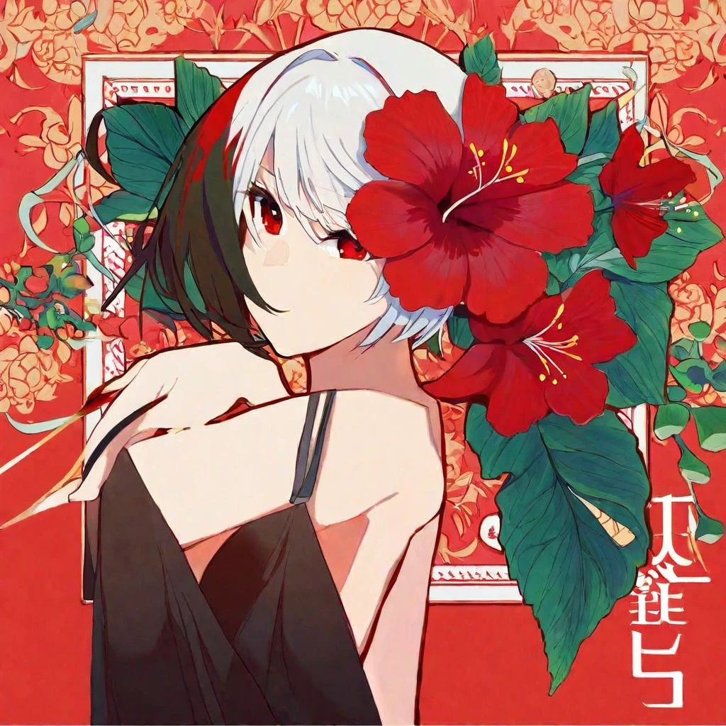 avogado6, 1girl, bangs, camellia, daisy, flag_background, flower, from_side, hibiscus, lily_\(flower\), profile, red_background, red_border, red_eyes, red_flower, red_rose, red_theme, short_hair, simple_background, solo, leaning forward, hanging hair, sideways glance, glowing red electric eye, (fierce), spider_lily, white_flower, white_hair, style of Bourgeois, angular, an album cover, purism, 