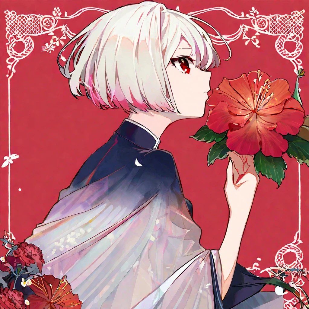 avogado6, 1girl, bangs, camellia, daisy, flag_background, flower, from_side, hibiscus, lily_\(flower\), profile, red_background, red_border, red_eyes, red_flower, red_rose, red_theme, short_hair, simple_background, solo, leaning forward, hanging hair, sideways glance, glowing red electric eye, (fierce), spider_lily, white_flower, white_hair, style of Bourgeois, angular, an album cover, purism, 