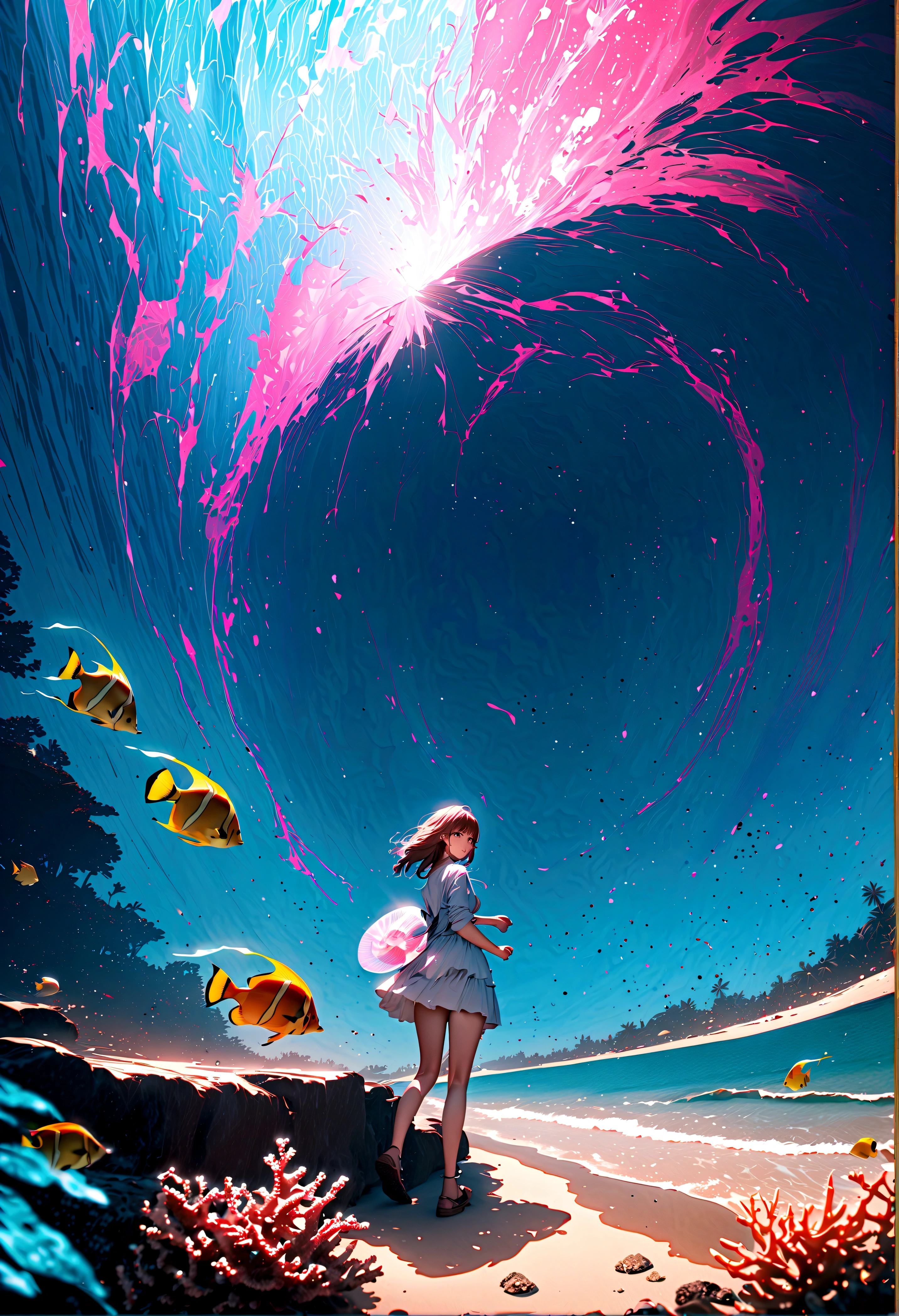quality\(8k,wallpaper of extremely detailed CG unit, ​masterpiece,hight resolution,top-quality,top-quality real texture skin,hyper realisitic,increase the resolution,RAW photos,best qualtiy,highly detailed,the wallpaper,cinematic lighting,ray trace,golden ratio\), BREAK , 1dog\(big,white,detailed beautiful fur\) and 1lady\(young,beautiful,clean,healthy\) walking happily on the beach\(very detailed and beautiful crystal clear sea and waves, many coral reefs,colorful seashells\),golden time