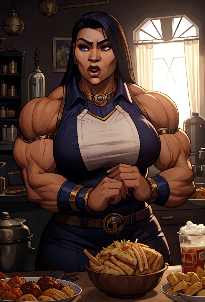 very big power house muscle woman big biceps eats food