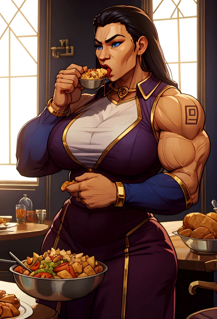 very big power house muscle woman big biceps eats food