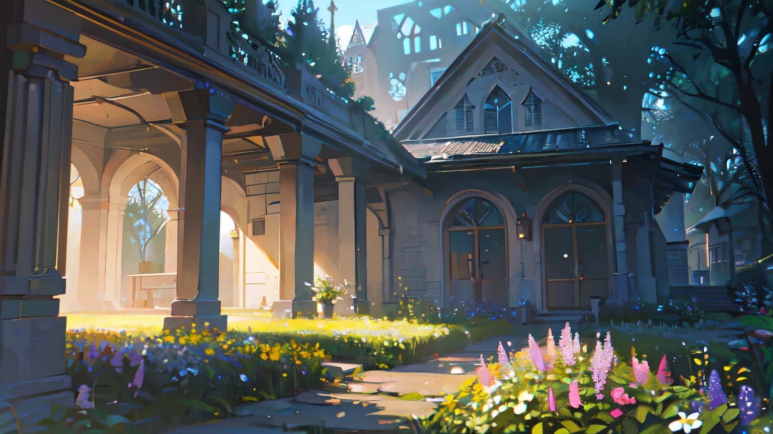 serene church garden, outdoor, beautiful scene of leisure, soft warm lighting, vibrant colors, natural scenery, lush greenery, blooming flowers, idyllic atmosphere, sunbeams, warm light, photorealistic, (best quality,8k,highres,masterpiece:1.2),ultra-detailed,(realistic,photorealistic,photo-realistic:1.37),cinematic lighting,highly detailed painting,intricate details