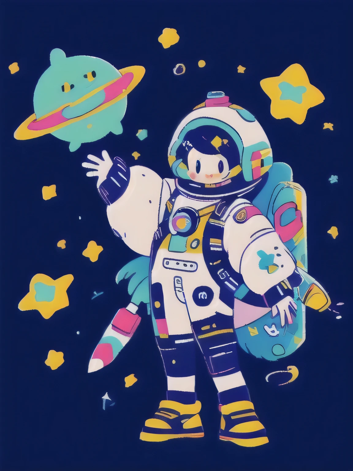 An astronaut woman wearing a space suit playing with stars in space, star and stellar nebular, geometry shape round round stars, clear woman face and body, simple composition, flat illustration, illustration, cute figure, wonderland, neverland, masterpiece, artistic, business flat illustration, woman power, cyber punk, colorful, clean background, 