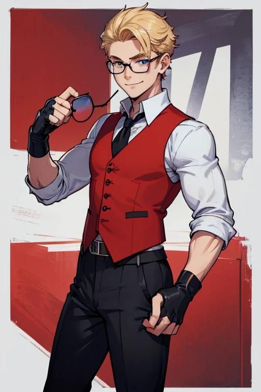 male, blue eyes, blonde hair, (((1boy))), (((red sleeveless waistcoat))), (white shirt with sleeves rolled up), (black pants), (black boots), (black belt), (glasses), (black fingerless gloves), long legs, trimmed goatee, slender, smiling