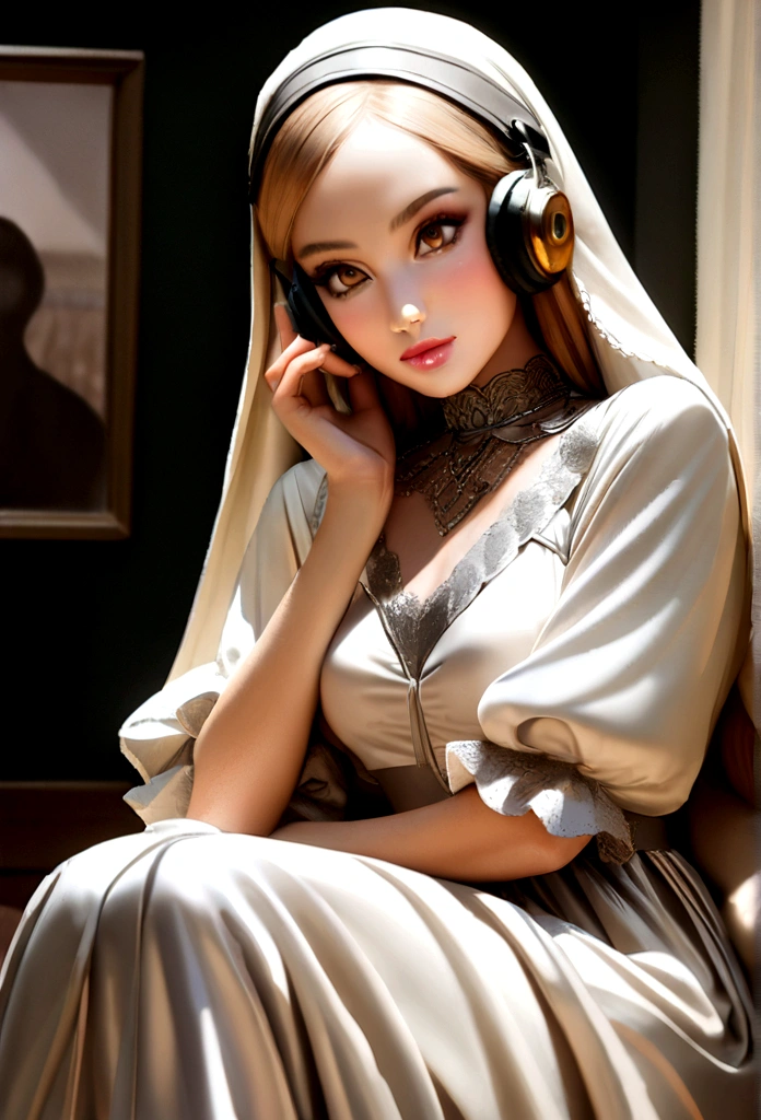 3dmm, ((head of&#39;artwork, best quality, photography, detailed skin, style disney, Pixer movie style, photo-realistic, 8k, very detailed, full length frame, Art couleur RAW very detailed, soft, diffused lighting, shallow depth of field, sharpness, hyperrealism, cinema lighting, Hijab, a beautifully made-up girl, smoky eyeshadow, Beautiful big brown eyes, long eyelashes, resistant (Hijab en satin blanc), style Hijab vaguement marée, ((gray satin shirt)), long satin maxi skirt, read while listening to music, Headphone