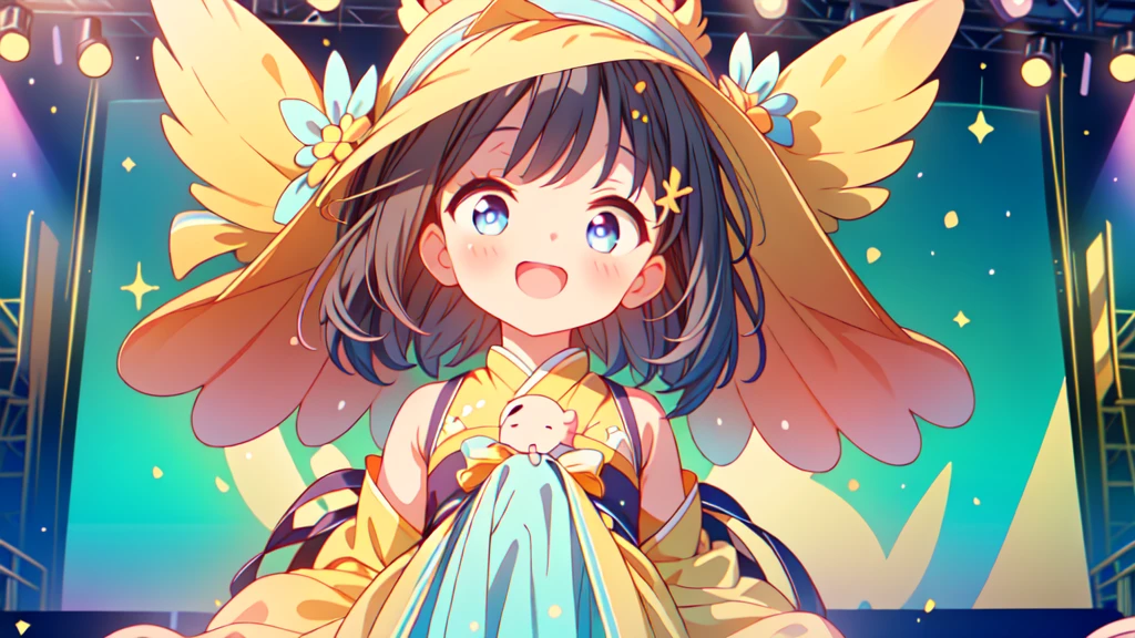 最高masterpiece、Official Art、depth of field,Dynamic composition、masterpiece,Detailed face、Detailed eyes、Close-up、Being on stage１People Girls), Idol, Big eyes, cutetech, cute, cute, Pasterka (Ra, Highest quality, Happy, Deep Background, Symmetric, Tilt your head, summer