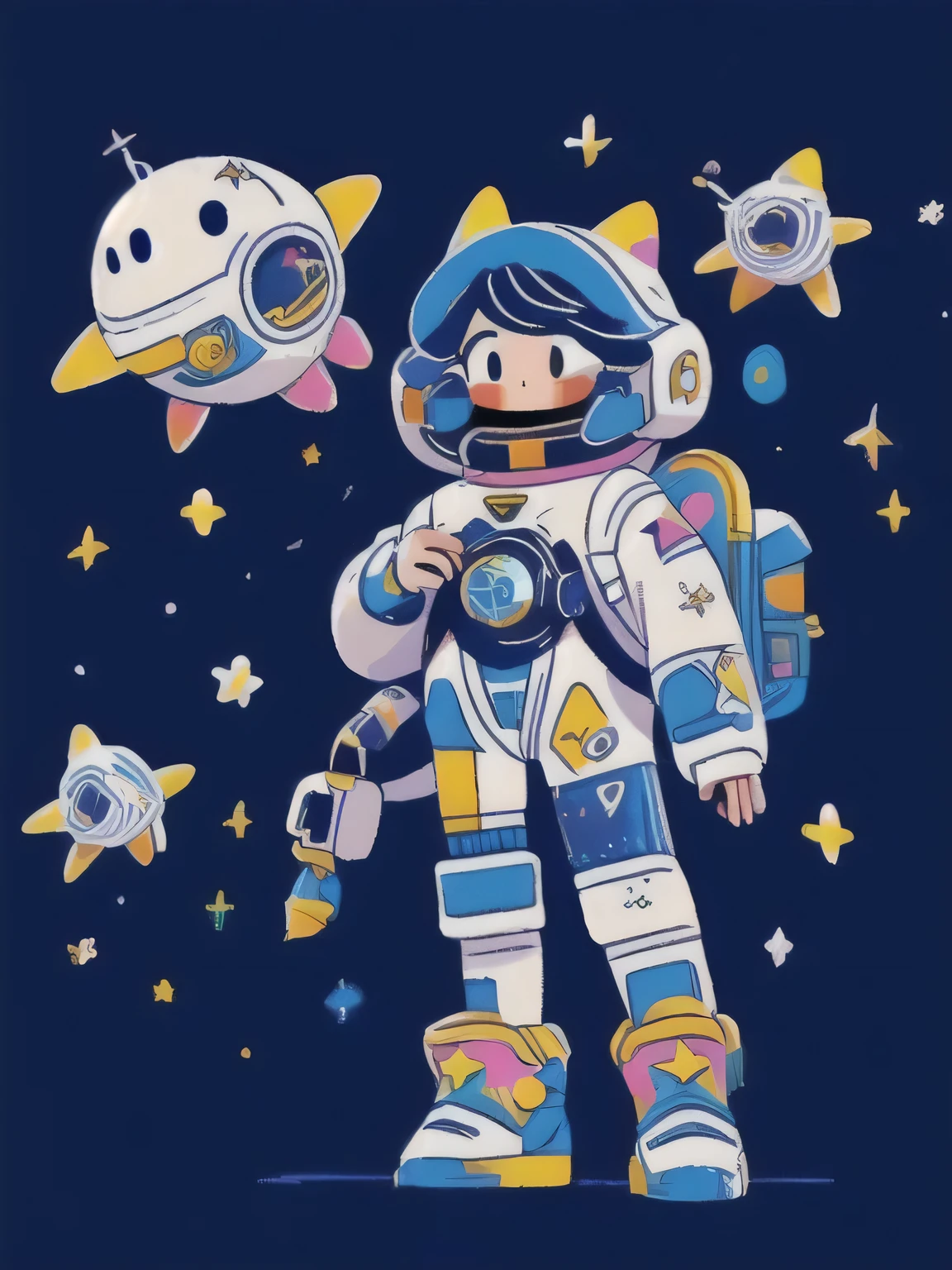 An astronaut woman wearing a space suit flying in the space, playing with stars, star like balls, round star, star and stellar nebular, clear woman face and body, simple composition, flat illustration, illustration, flat image, cute figure, girl, wonderland, neverland, masterpiece, artistic, business flat illustration, woman power, cyber punk, colorful, 2k, highest detailed