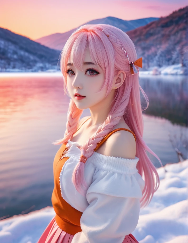 quality(8k wallpaper of extremely detailed CG unit, masterpiece, hight resolution, top-quality, top-quality real texture skin,hyper realisitic, digitial painting,increase the resolution,RAW photos,best qualtiy,highly detailed,the wallpaper),BREAK,8K, half face, senko-san, loli, big freezed lake, winter, multicolored hair, white hair, pink hair, orange skirt, orange sunset, 1girl, hi resolution, 4k, sakura, snowed lake, pink scratches on a face