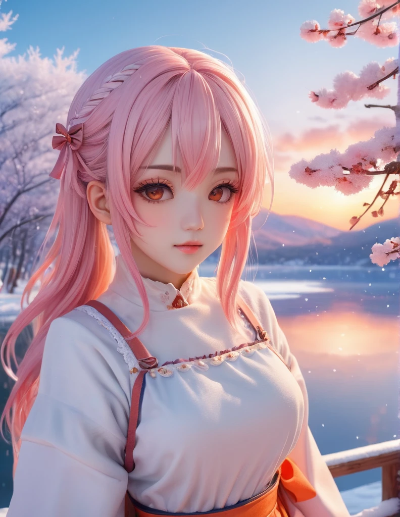 quality(8k wallpaper of extremely detailed CG unit, masterpiece, hight resolution, top-quality, top-quality real texture skin,hyper realisitic, digitial painting,increase the resolution,RAW photos,best qualtiy,highly detailed,the wallpaper),BREAK,8K, half face, senko-san, , big freezed lake, winter, multicolored hair, white hair, pink hair, orange skirt, orange sunset, 1girl, hi resolution, 4k, sakura, snowed lake, pink scratches on a face