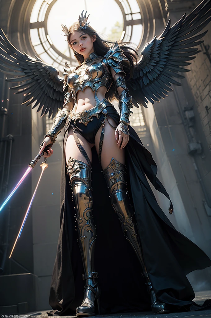 (Highest quality, masterpiece, colorful, Dynamic Angle, From below, highest detailed)Upper body photo, Full body photo, Cute Mechengel fashion photo, Four glowing wings, alone, Luminous armor, Glowing halo, building, Four glowing mechanical wings (Intricate details, hyperdetailed:1.15), detailed, Light passing through hair, (Official Art, extreme detailed, highest detailed), High resolution+
