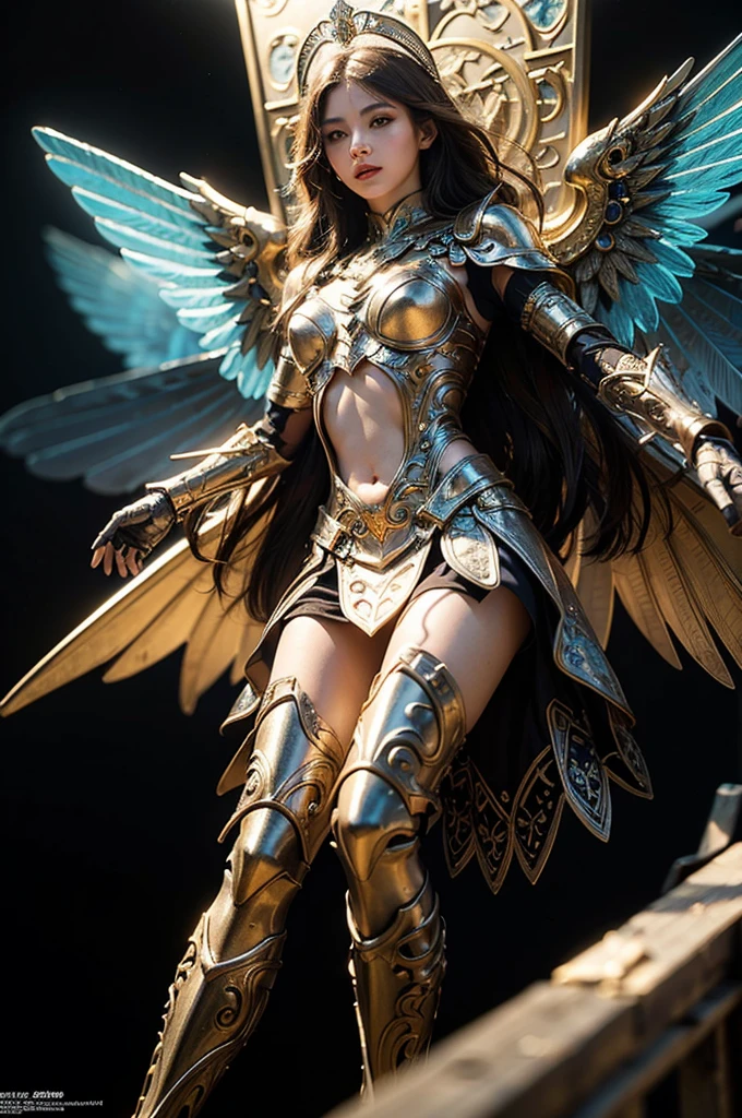 (Highest quality, masterpiece, colorful, Dynamic Angle, From below, highest detailed)Upper body photo, Full body photo, Cute Mechengel fashion photo, Four glowing wings, alone, Luminous armor, Glowing halo, building, Four glowing mechanical wings (Intricate details, hyperdetailed:1.15), detailed, Light passing through hair, (Official Art, extreme detailed, highest detailed), High resolution+