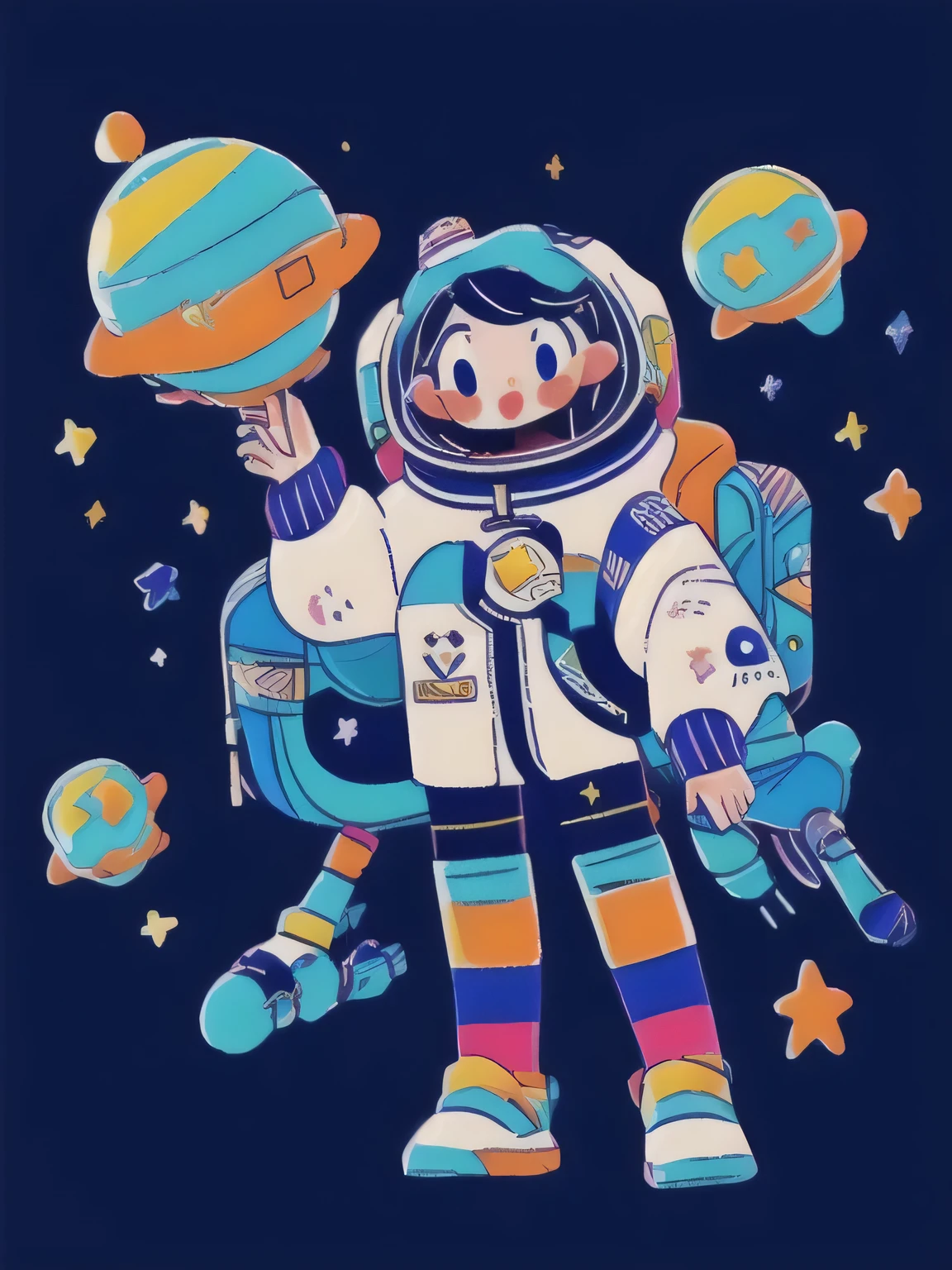 An astronaut woman wearing a space suit flying in the space, playing with stars, star like balls, round star, star and stellar nebular, clear woman face and body, simple composition, flat illustration, illustration, flat image, cute figure, girl, wonderland, neverland, masterpiece, artistic, business flat illustration, woman power, cyber punk, colorful, 2k, highest detailed