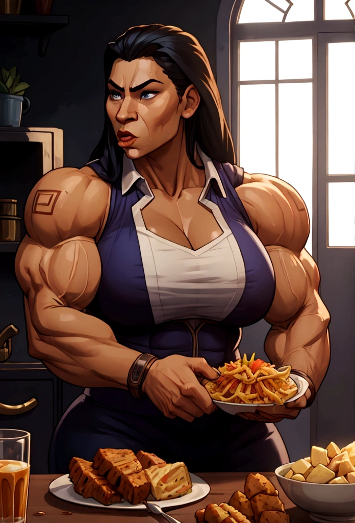 very big power house muscle woman big biceps eats food